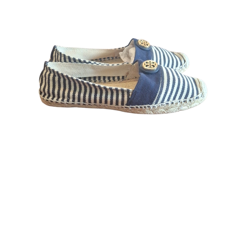 Tory Burch Navy and White Striped Espadrilles with Gold Logo